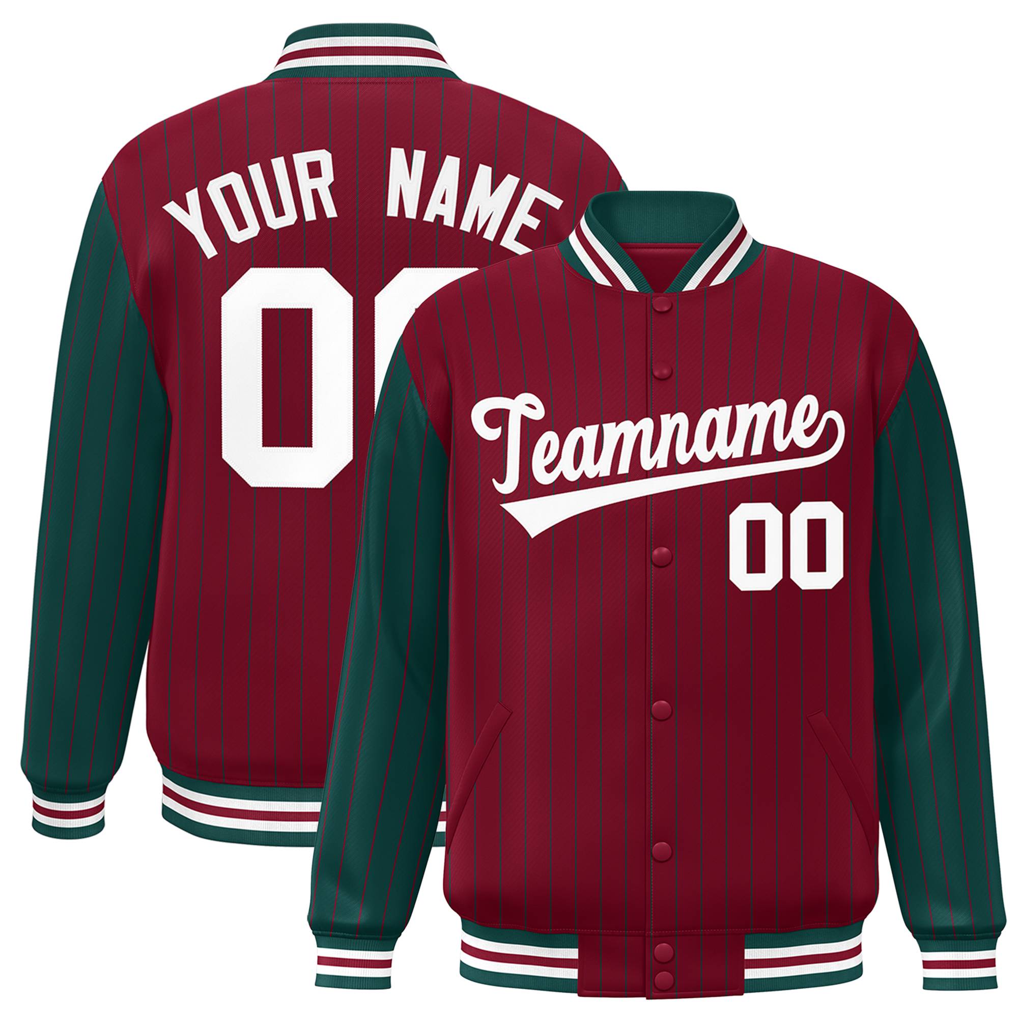 Custom Crimson-Green Pinstripe White Bomber Full-Snap Varsity Letterman Jacket