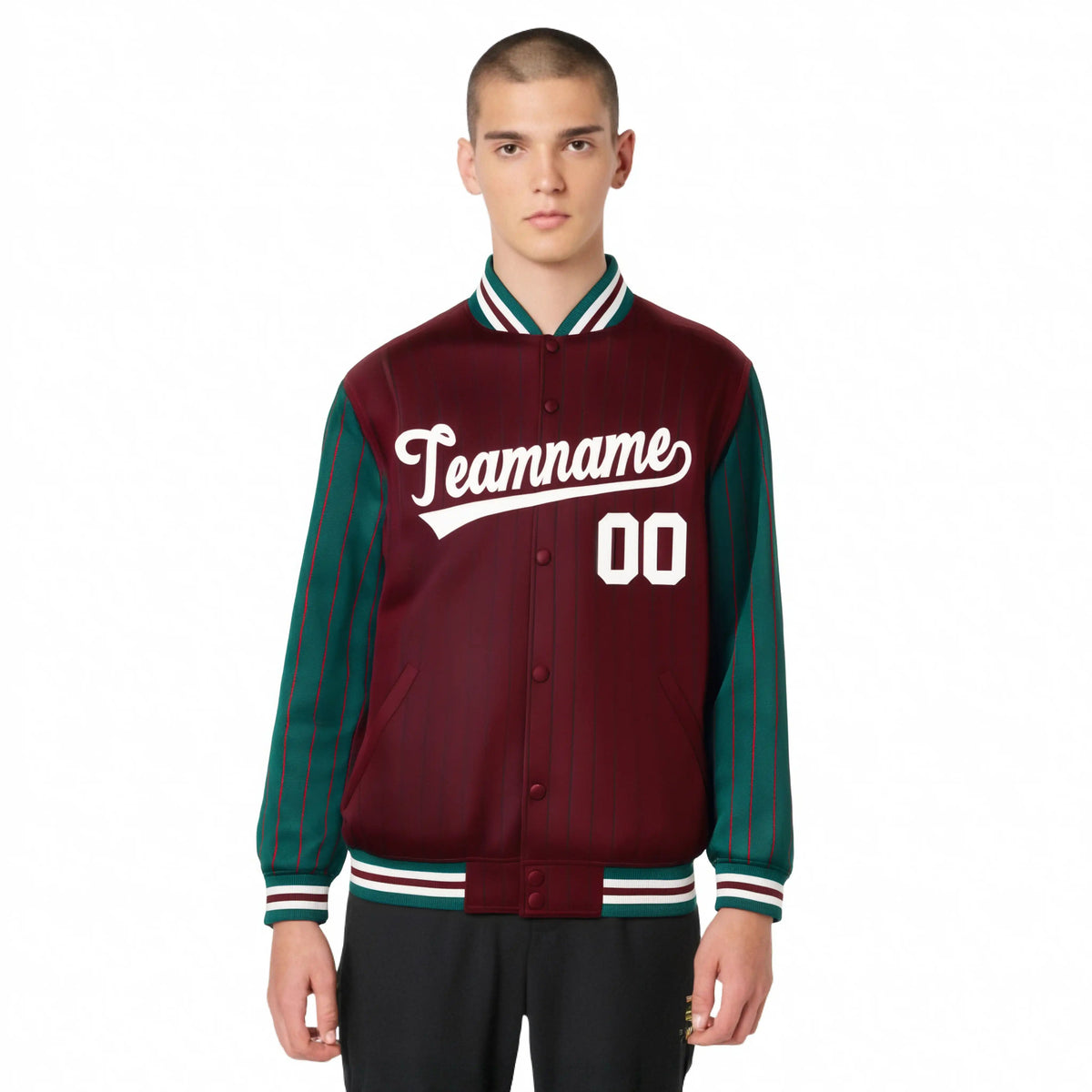 Custom Crimson-Green Pinstripe White Bomber Full-Snap Varsity Letterman Jacket
