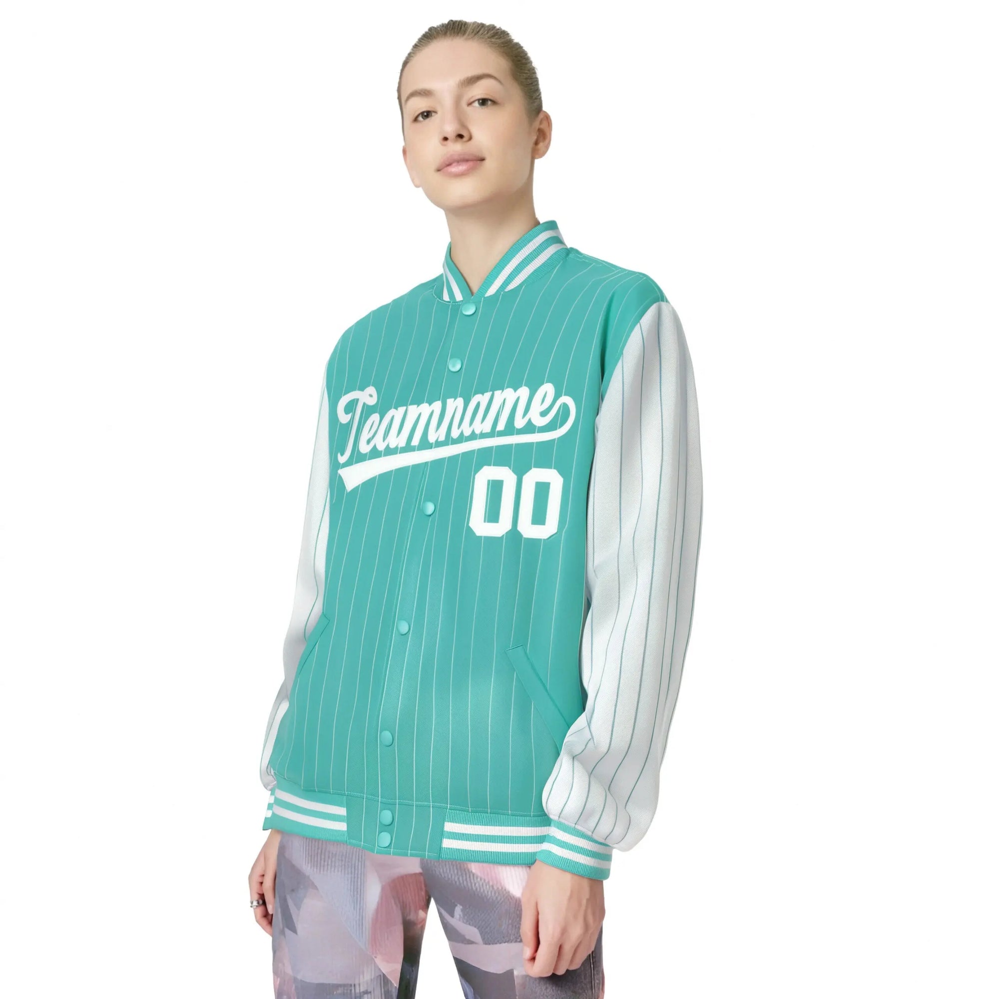 Custom Aqua White Pinstripe White-Aqua Bomber Full-Snap Varsity Letterman Jacket