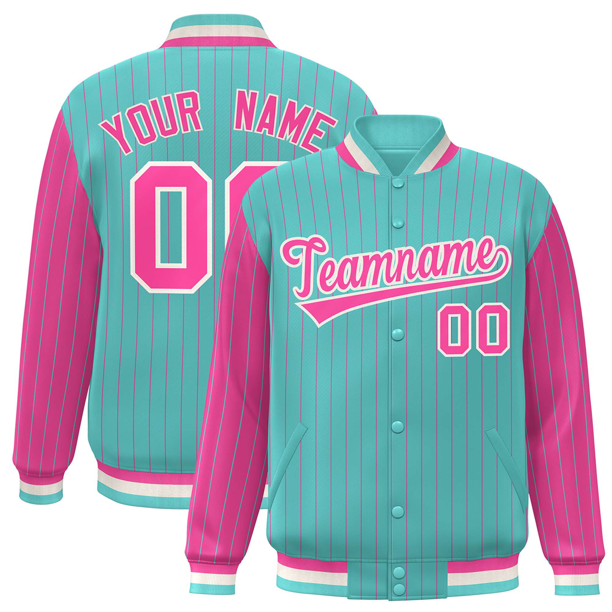 Custom Aqua Pink Pinstripe White-Pink Bomber Full-Snap Varsity Letterman Jacket