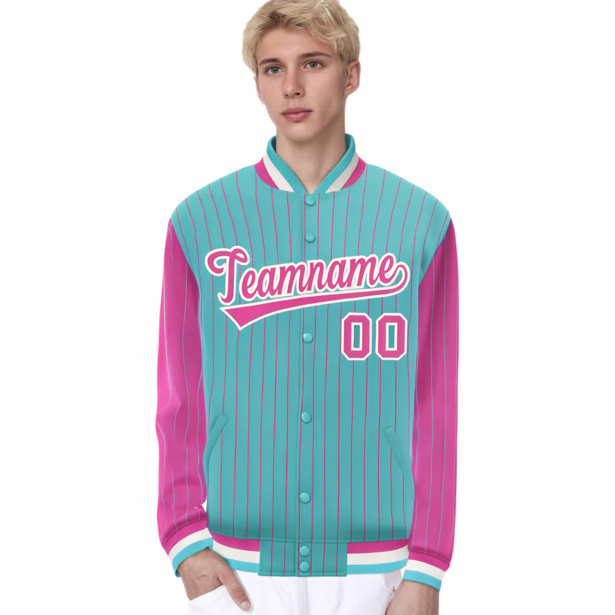 Custom Aqua Pink Pinstripe White-Pink Bomber Full-Snap Varsity Letterman Jacket