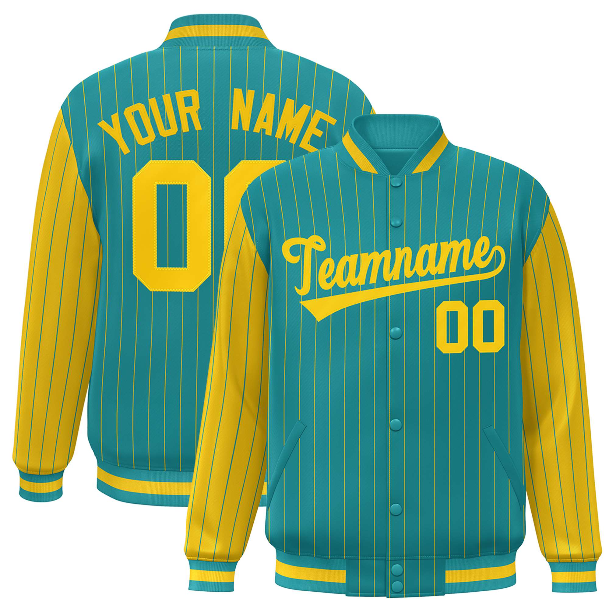 Custom Aqua Gold Pinstripe Gold Bomber Full-Snap Varsity Letterman Jacket