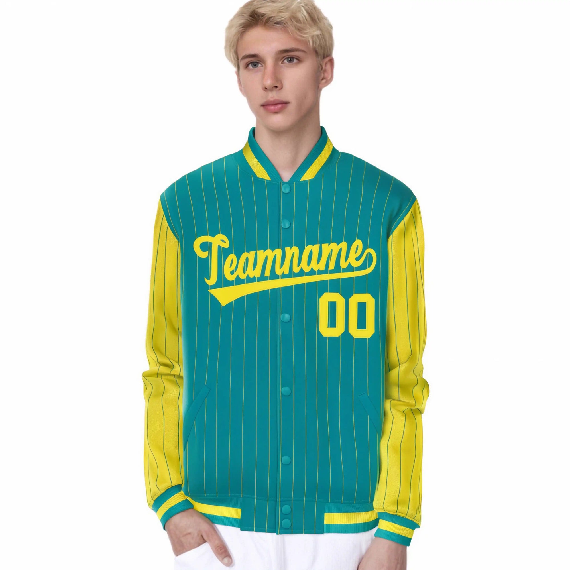 Custom Aqua Gold Pinstripe Gold Bomber Full-Snap Varsity Letterman Jacket