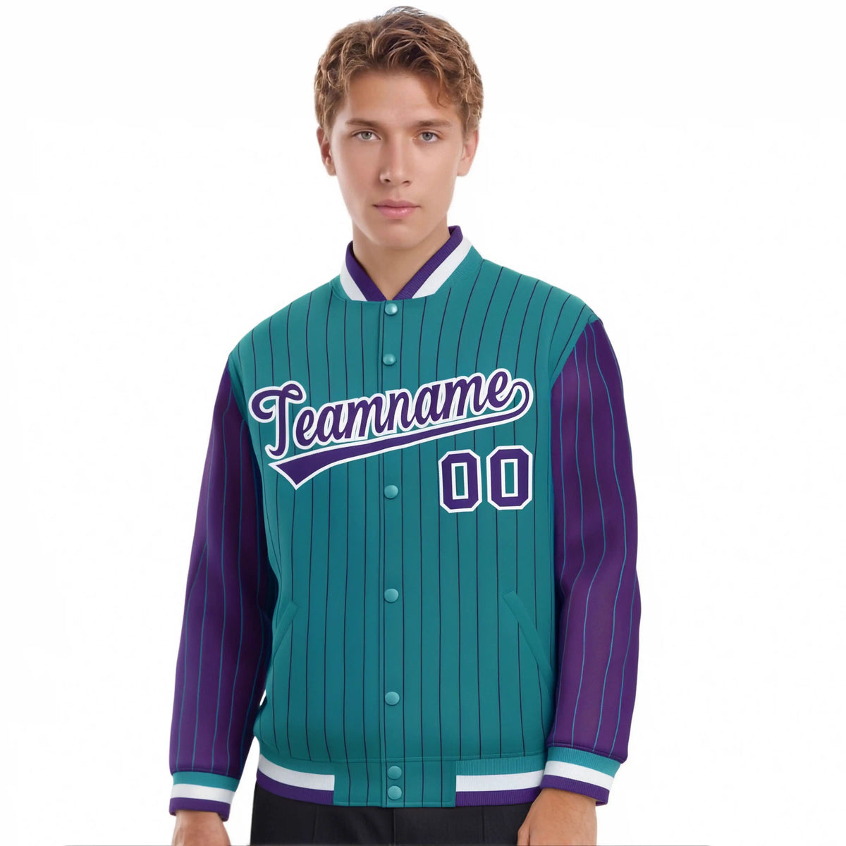 Custom Aqua Purple Pinstripe White-Purple Bomber Full-Snap Varsity Letterman Jacket