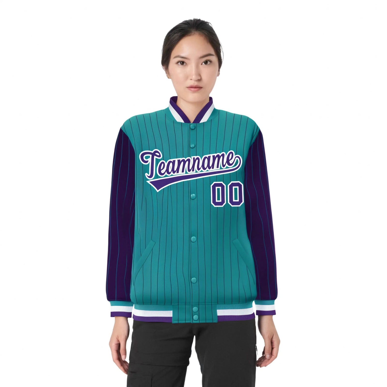 Custom Aqua Purple Pinstripe White-Purple Bomber Full-Snap Varsity Letterman Jacket