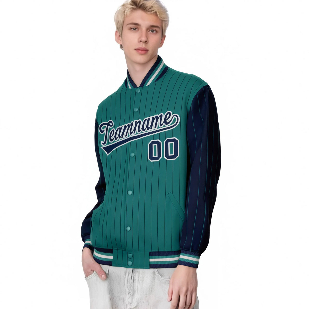 Custom Midnight Green Navy Pinstripe Gray-Navy Bomber Full-Snap Varsity Letterman Jacket