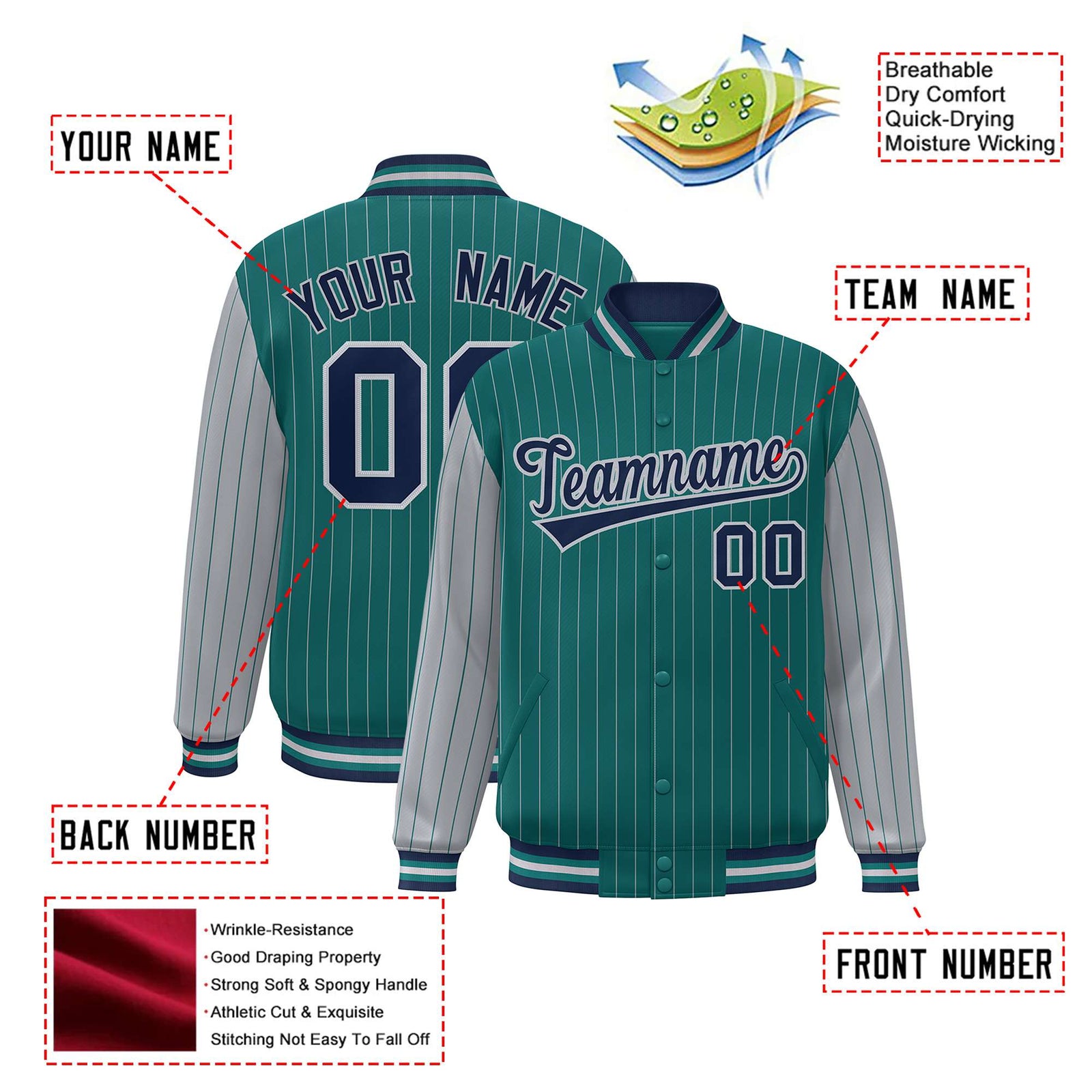 Custom Green Gray Pinstripe Gray-Navy Bomber Full-Snap Varsity Letterman Jacket