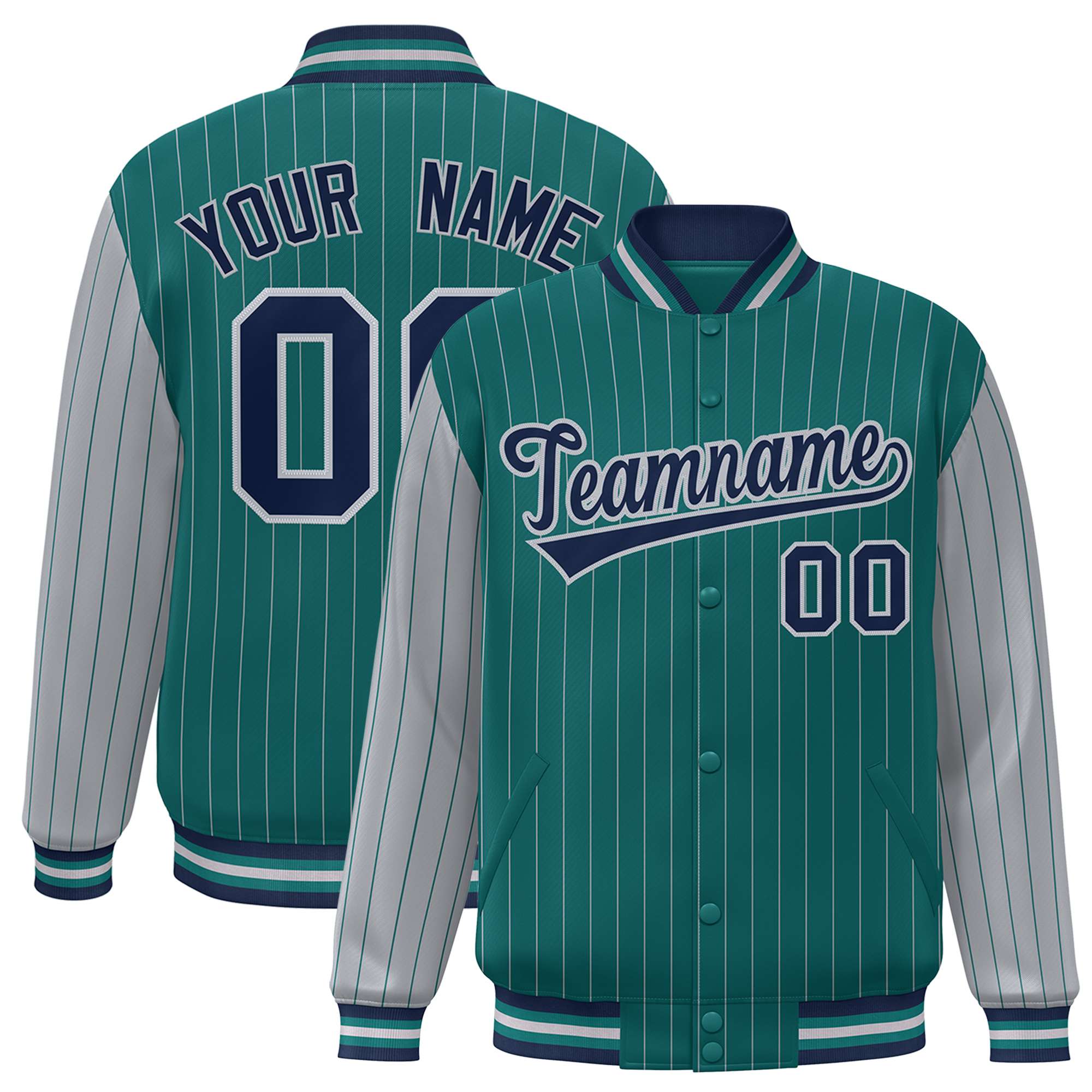 Custom Green Gray Pinstripe Gray-Navy Bomber Full-Snap Varsity Letterman Jacket