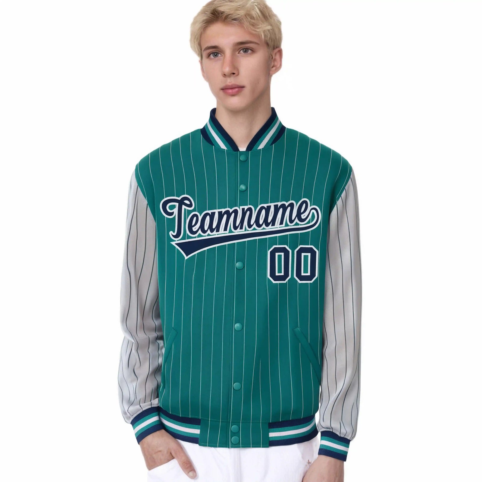 Custom Green Gray Pinstripe Gray-Navy Bomber Full-Snap Varsity Letterman Jacket