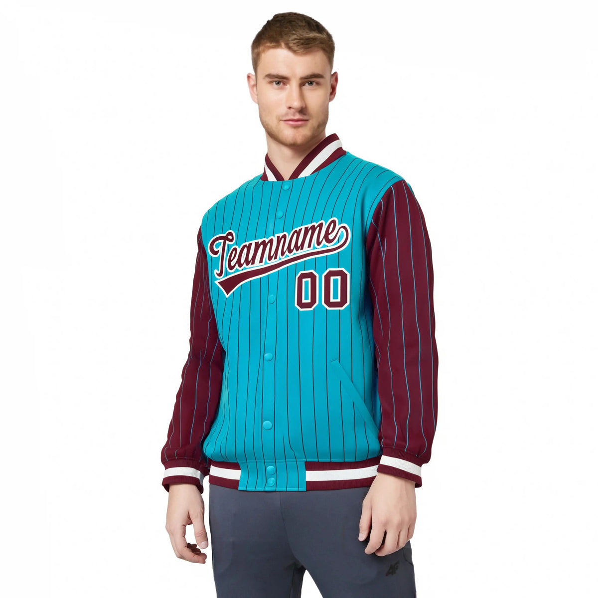 Custom Aqua Crimson Pinstripe White-Crimson Bomber Full-Snap Varsity Letterman Jacket