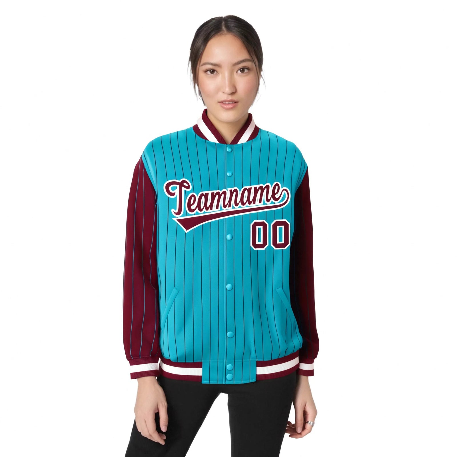 Custom Aqua Crimson Pinstripe White-Crimson Bomber Full-Snap Varsity Letterman Jacket