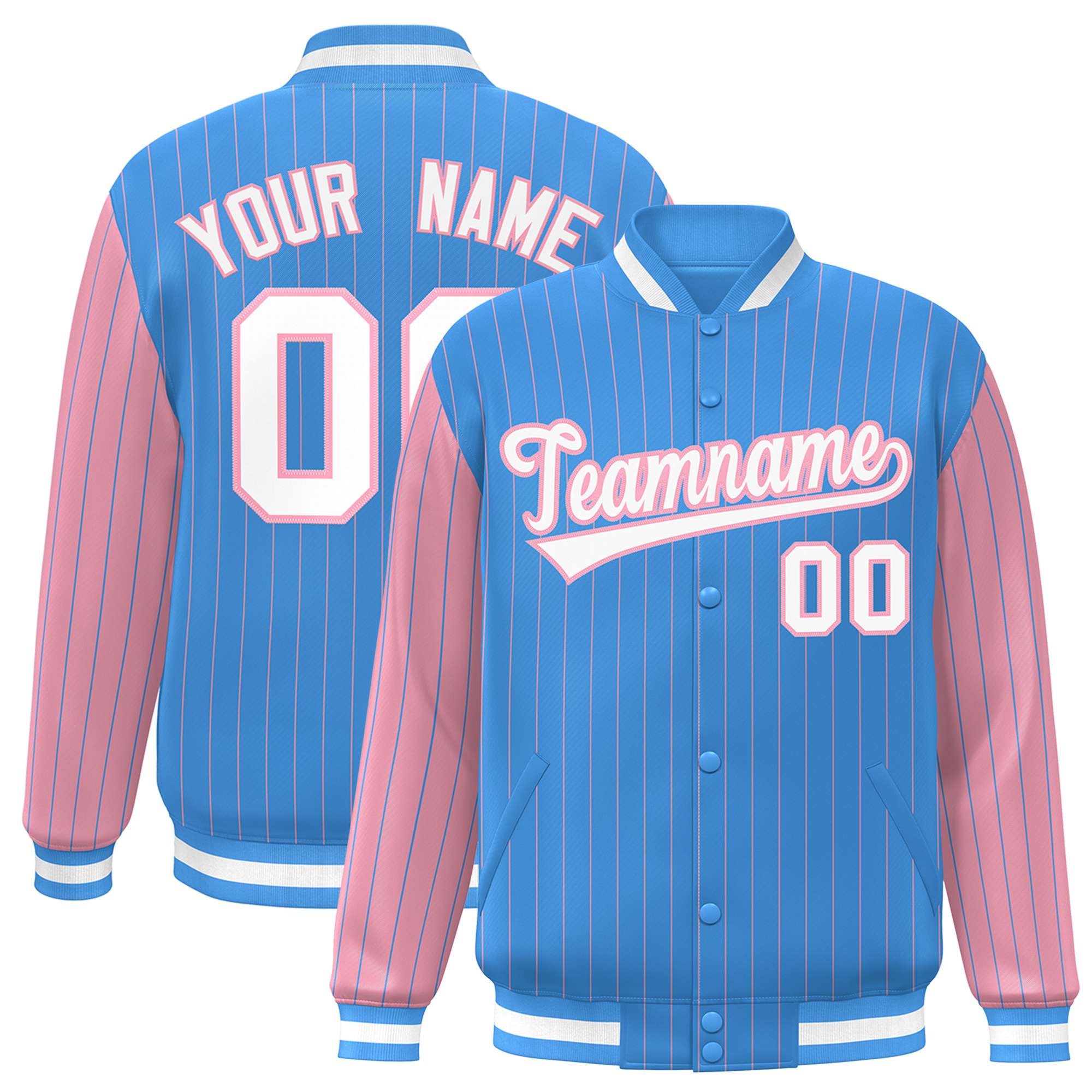 Custom Light Blue Light-Pink Pinstripe White Light-Pink Bomber Full-Snap Varsity Letterman Jacket