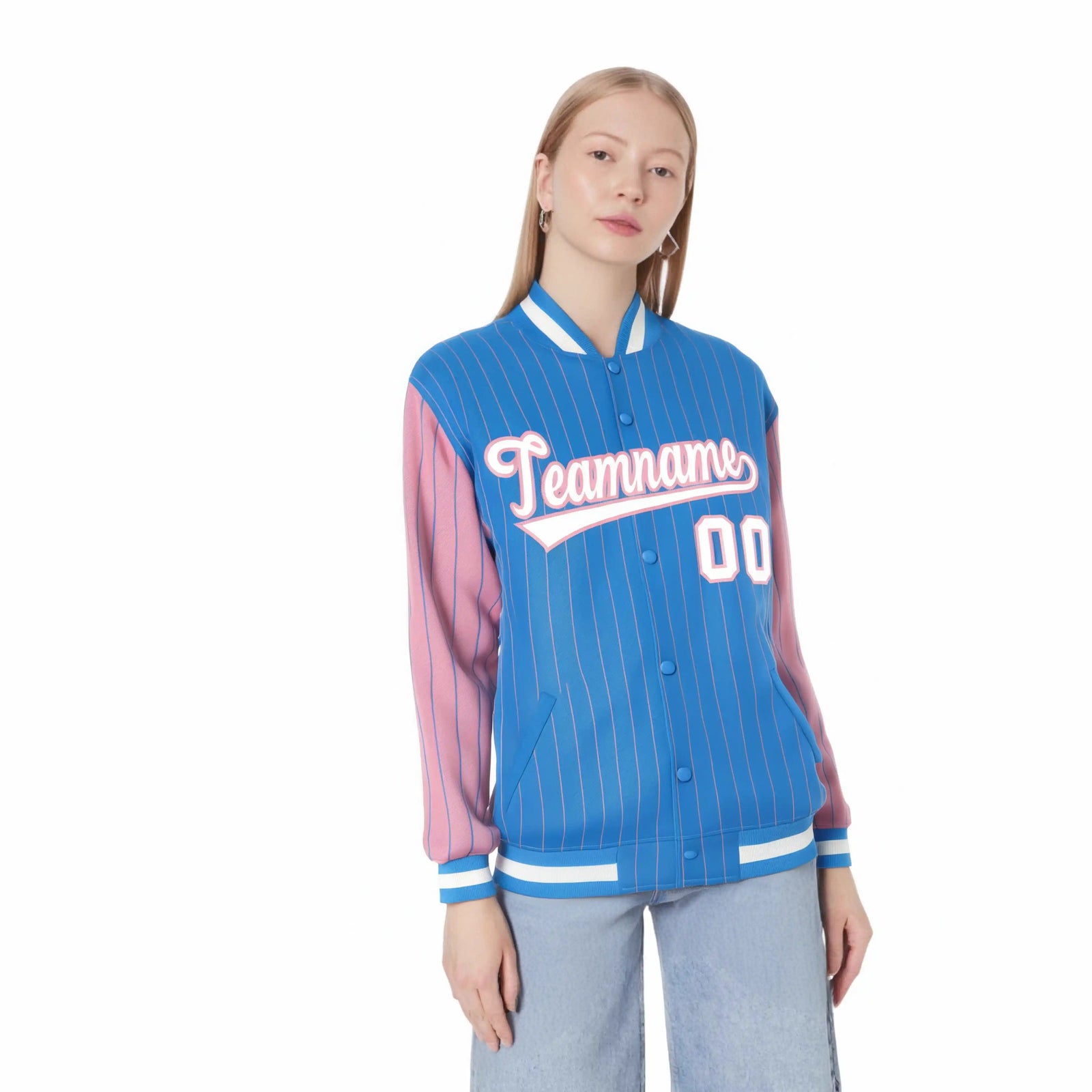 Custom Light Blue Light-Pink Pinstripe White Light-Pink Bomber Full-Snap Varsity Letterman Jacket