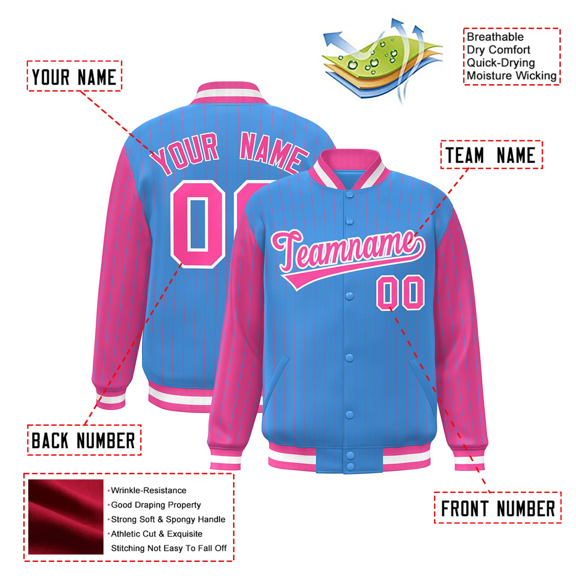 Custom Powder Blue Pink Pinstripe White-Pink Bomber Full-Snap Varsity Letterman Jacket