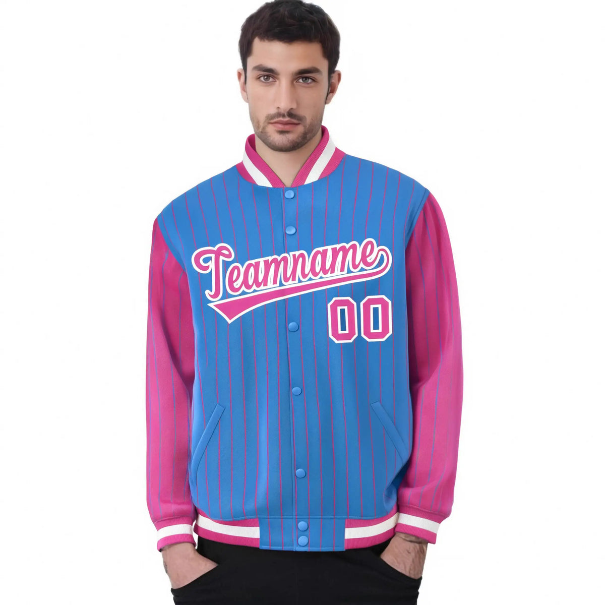 Custom Powder Blue Pink Pinstripe White-Pink Bomber Full-Snap Varsity Letterman Jacket