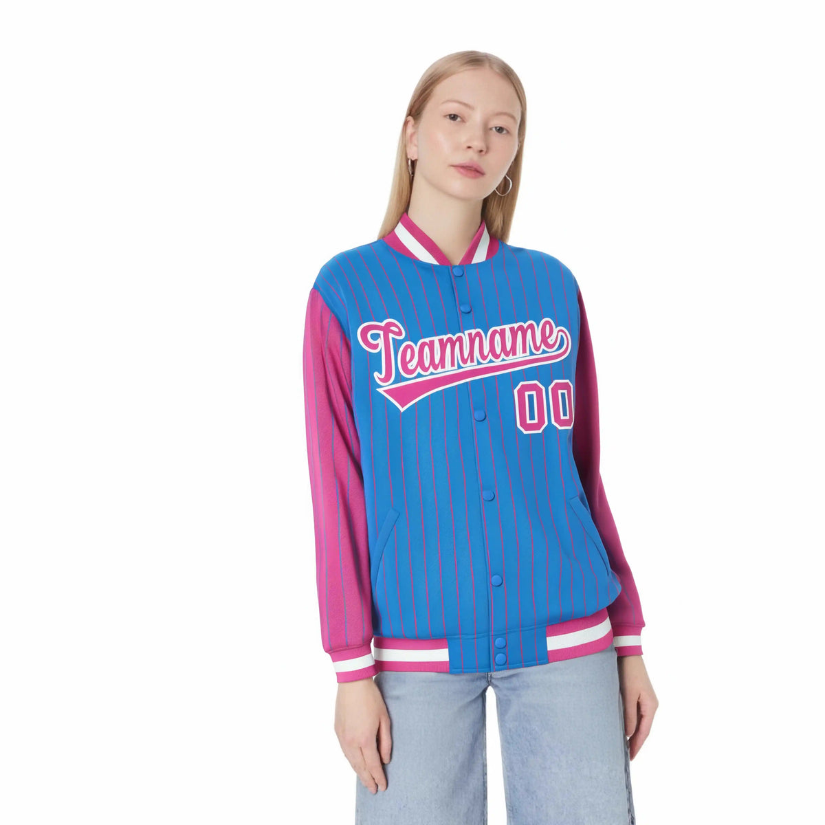 Custom Powder Blue Pink Pinstripe White-Pink Bomber Full-Snap Varsity Letterman Jacket