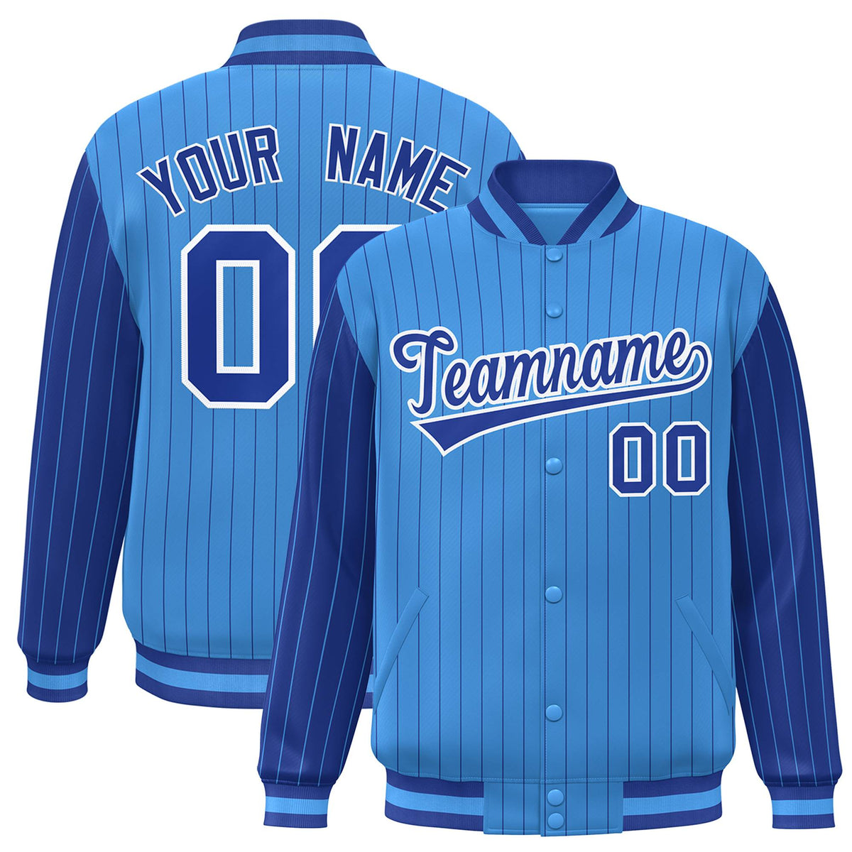Custom Powder Blue Royal-Blue Pinstripe White Royal-Blue Bomber Full-Snap Varsity Letterman Jacket