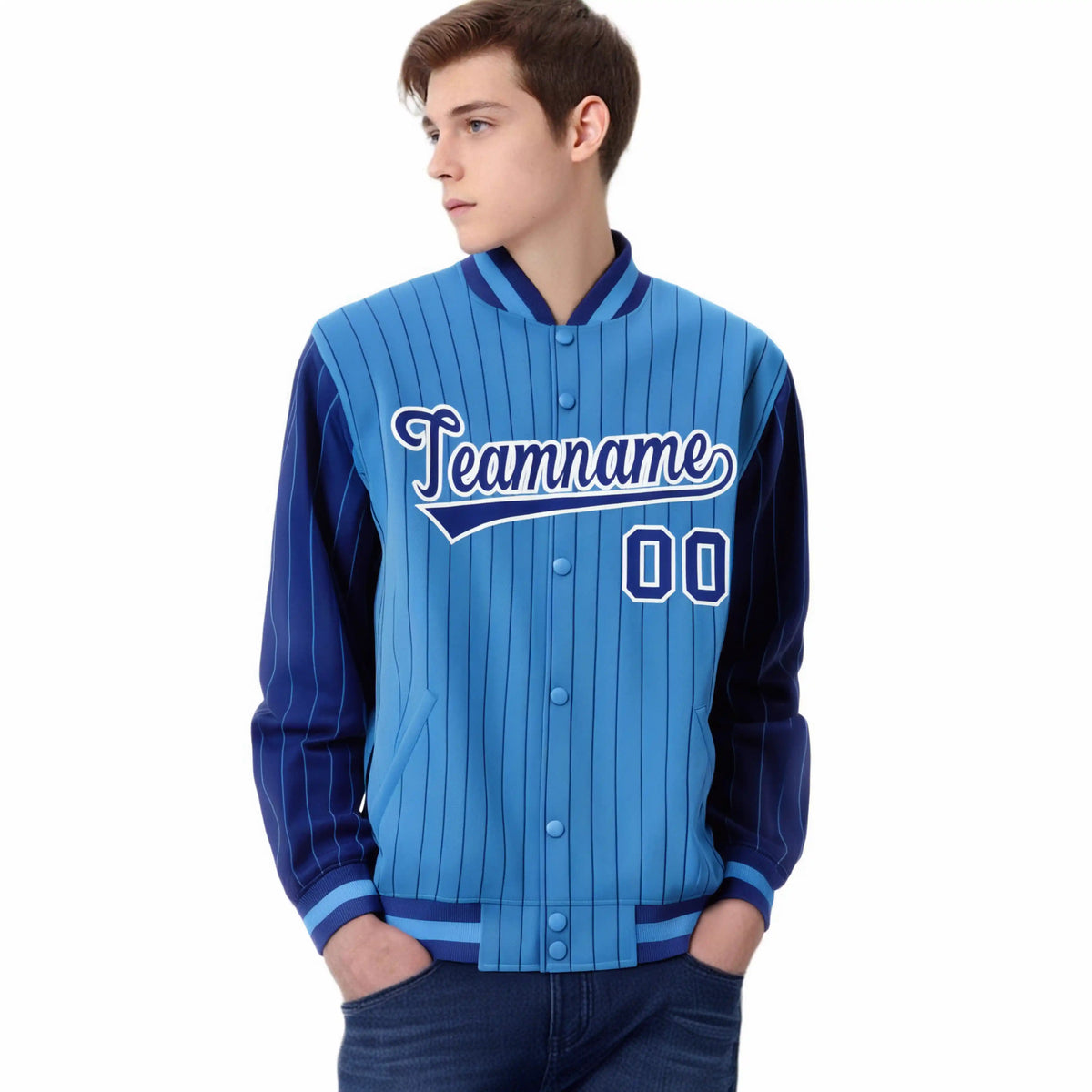 Custom Powder Blue Royal-Blue Pinstripe White Royal-Blue Bomber Full-Snap Varsity Letterman Jacket