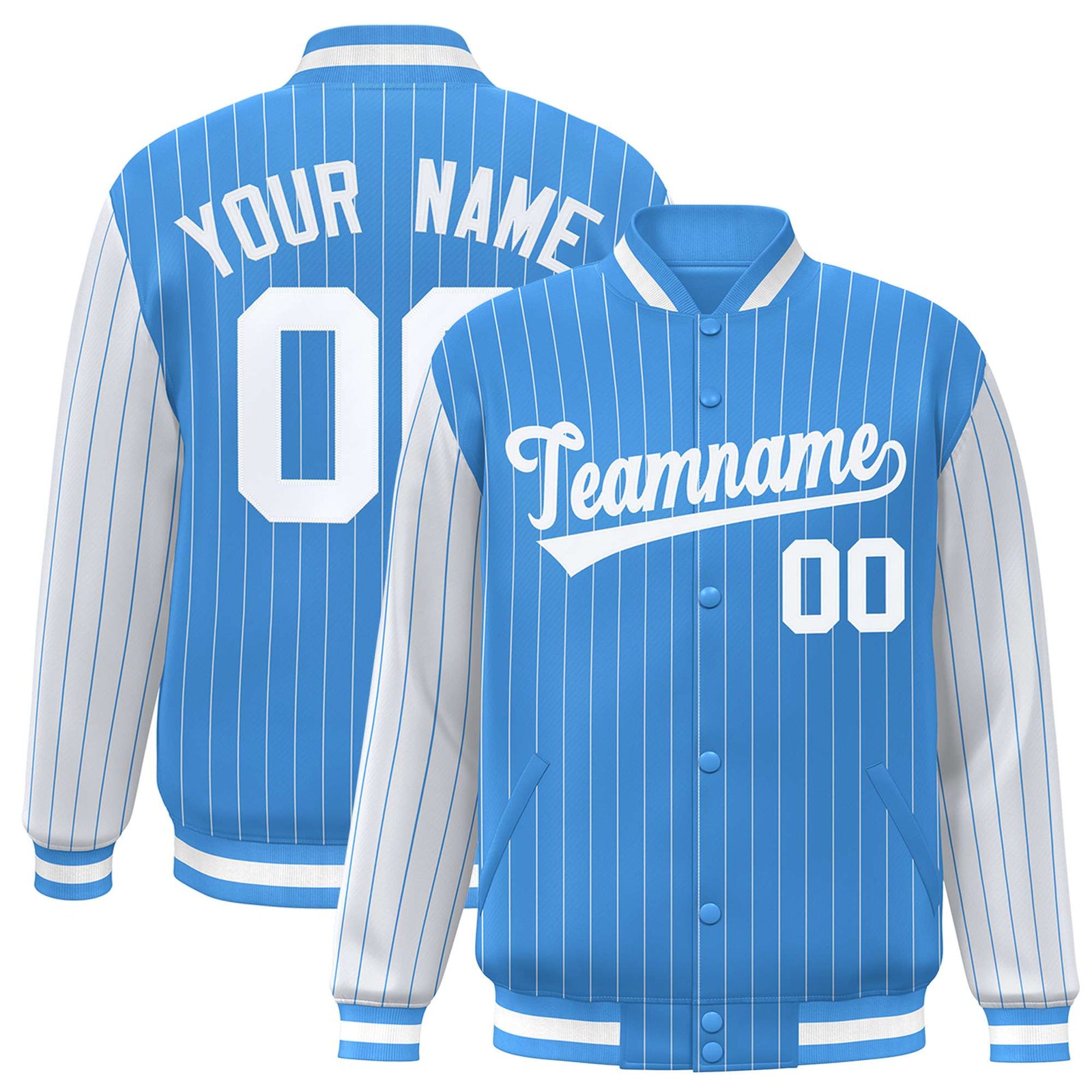 Custom Light Blue White Pinstripe White Bomber Full-Snap Varsity Letterman Jacket