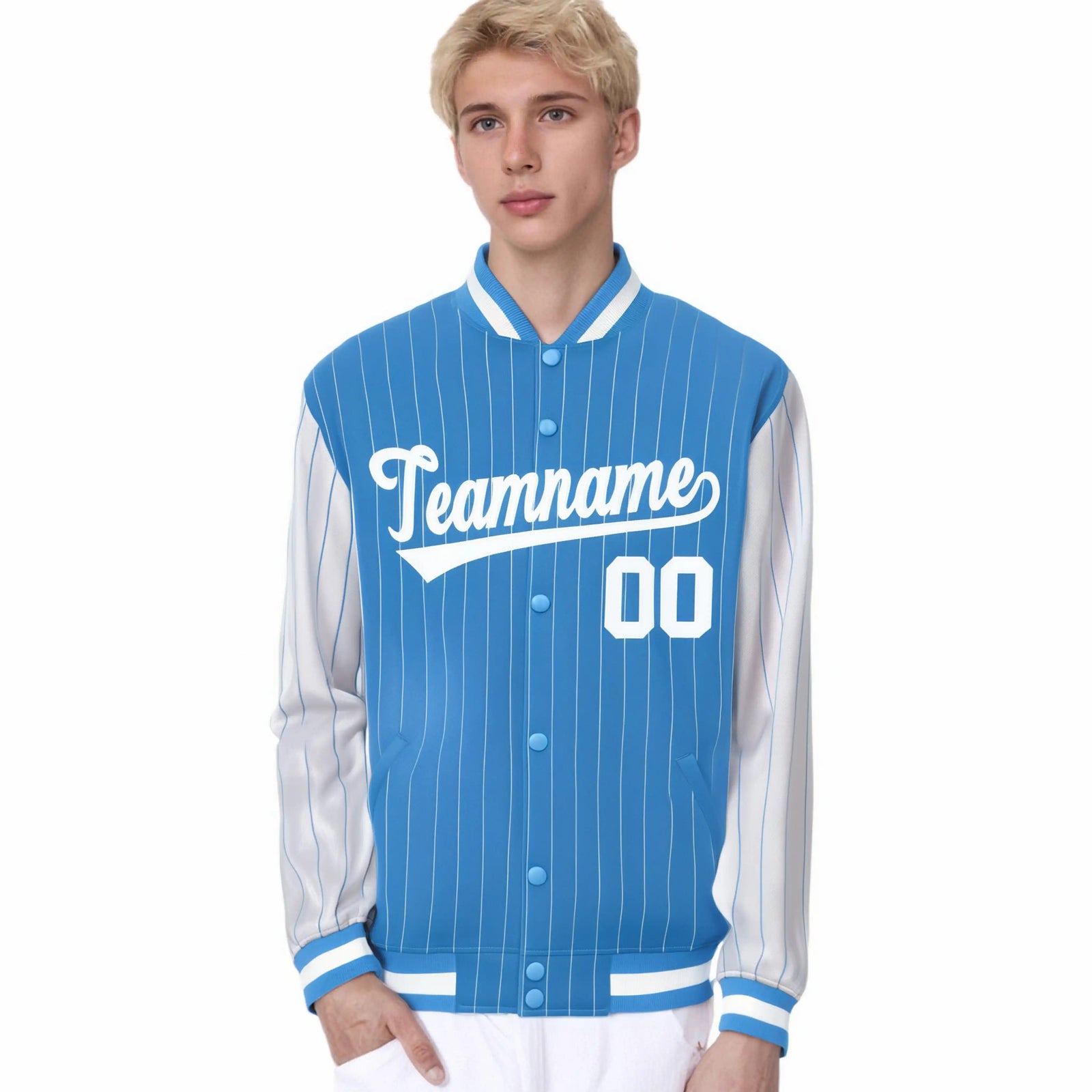Custom Light Blue White Pinstripe White Bomber Full-Snap Varsity Letterman Jacket