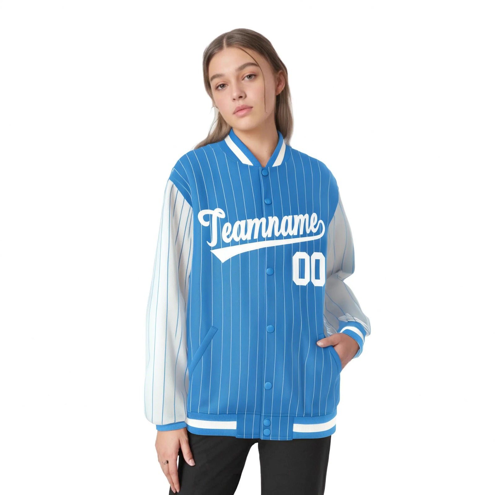 Custom Light Blue White Pinstripe White Bomber Full-Snap Varsity Letterman Jacket