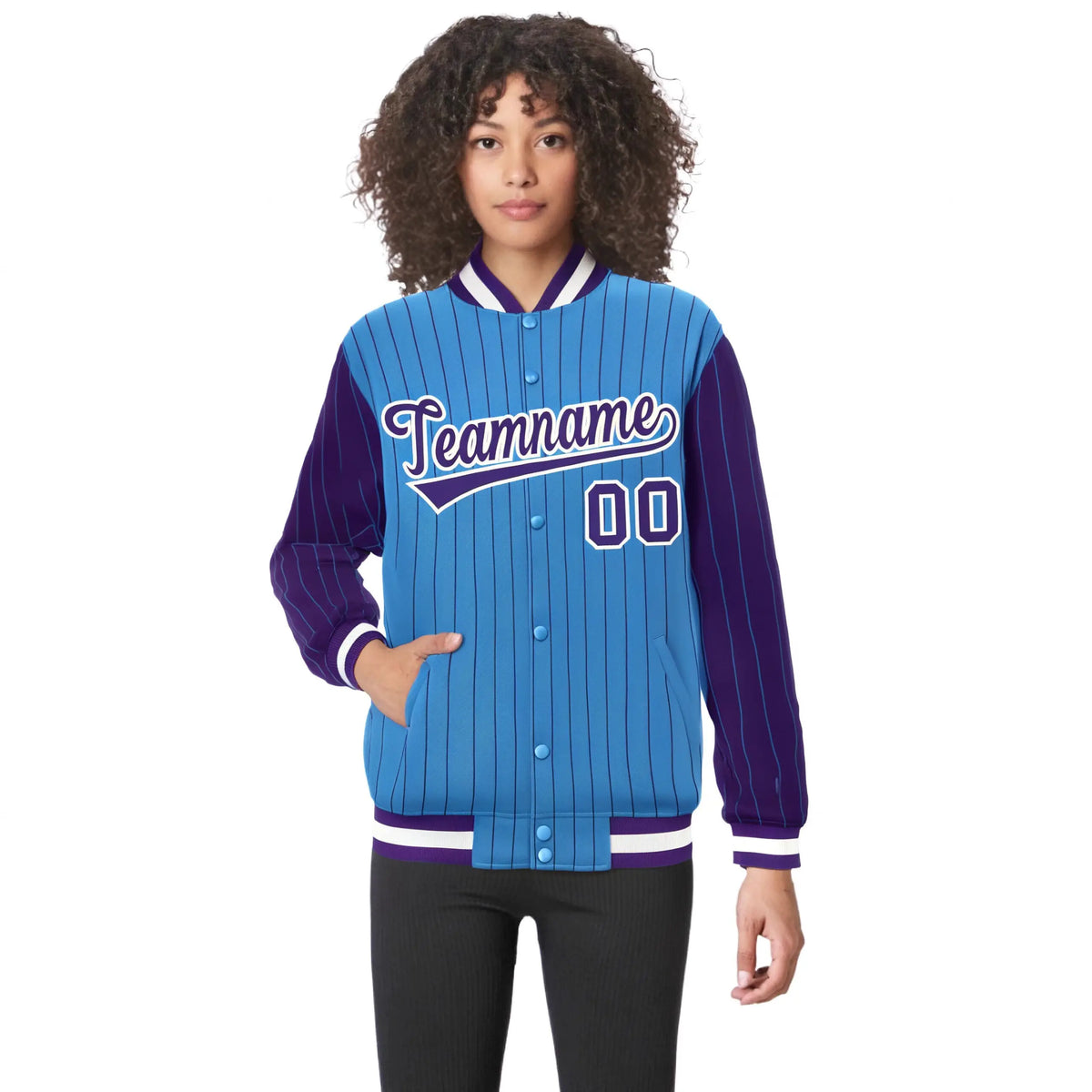 Custom Powder Blue Purple Pinstripe White-Purple Bomber Full-Snap Varsity Letterman Jacket