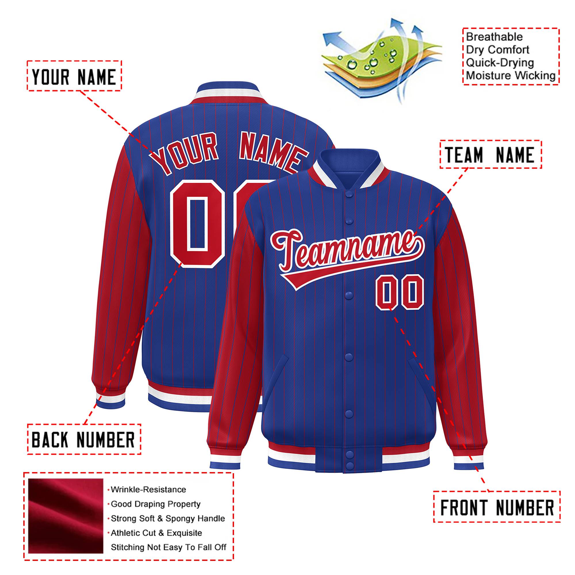 Custom Royal-Blue Red Pinstripe White-Red Bomber Full-Snap Varsity Letterman Jacket