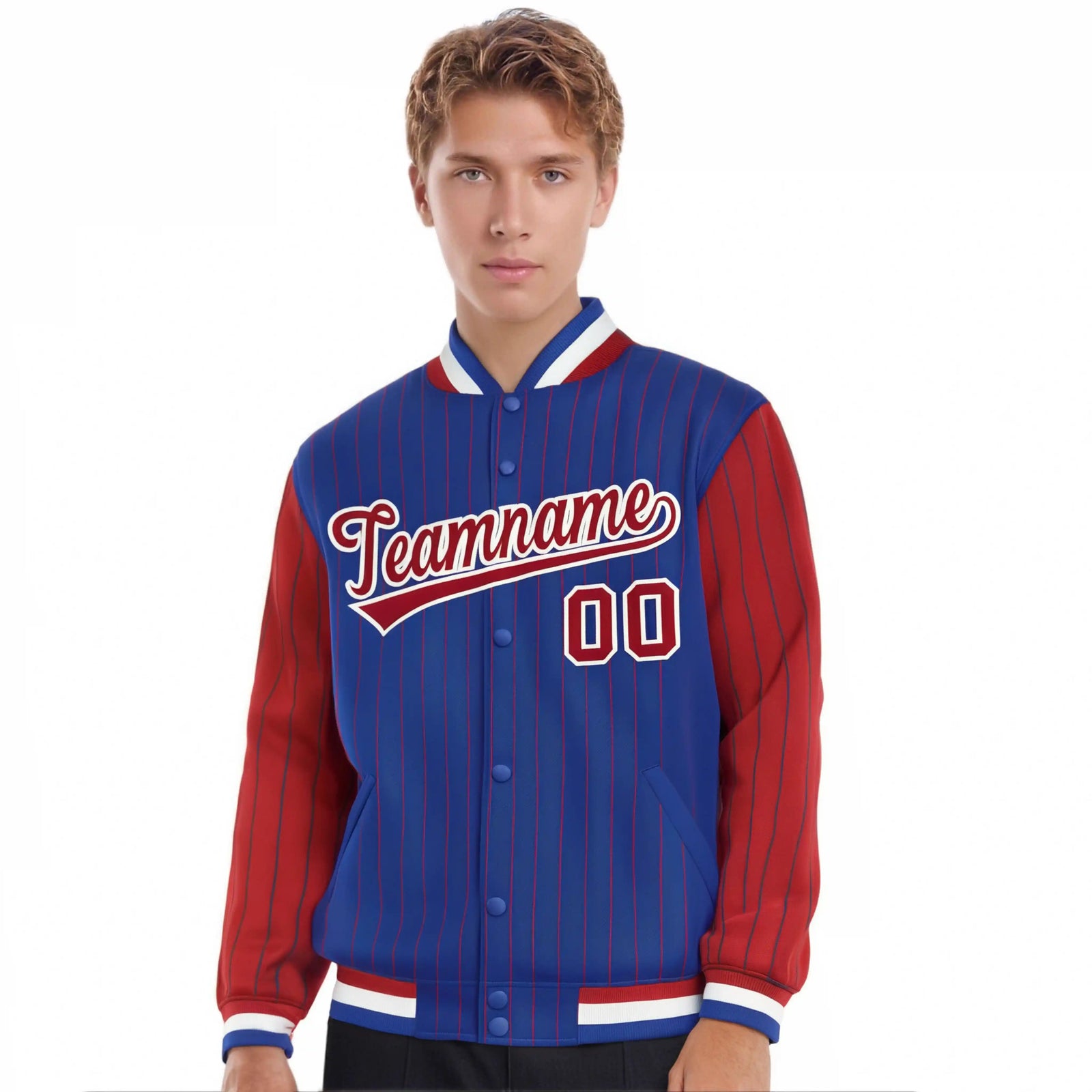 Custom Royal-Blue Red Pinstripe White-Red Bomber Full-Snap Varsity Letterman Jacket
