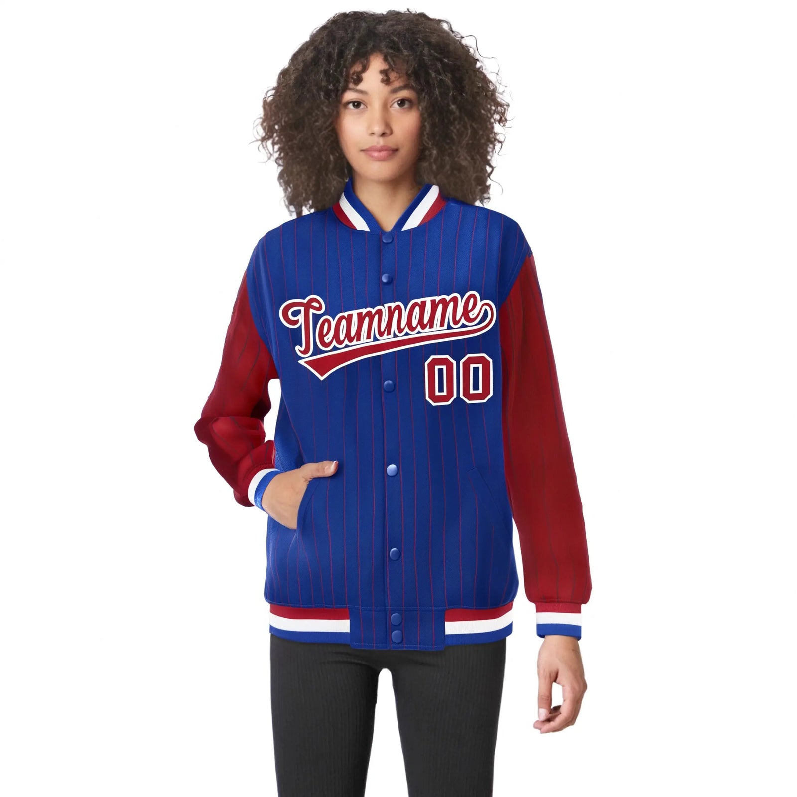 Custom Royal-Blue Red Pinstripe White-Red Bomber Full-Snap Varsity Letterman Jacket