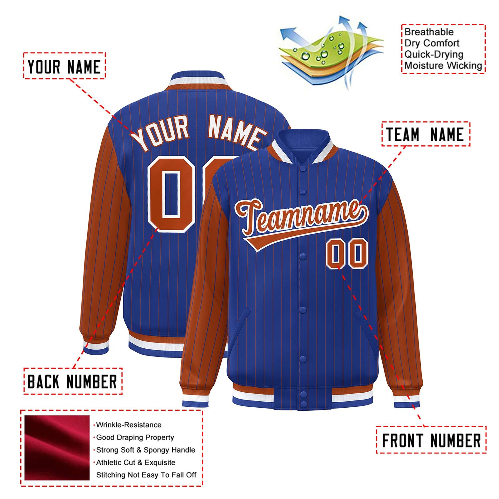 Custom Royal-Blue Brown Pinstripe White-Brown Bomber Full-Snap Varsity Letterman Jacket