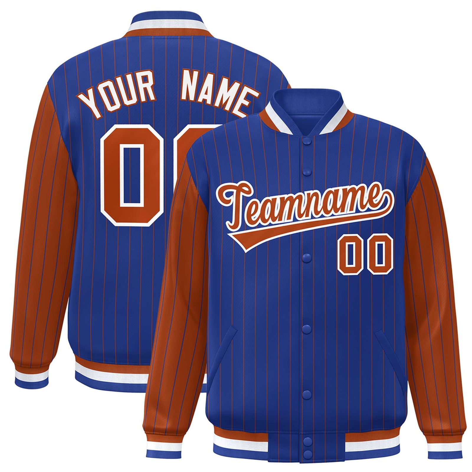 Custom Royal-Blue Brown Pinstripe White-Brown Bomber Full-Snap Varsity Letterman Jacket