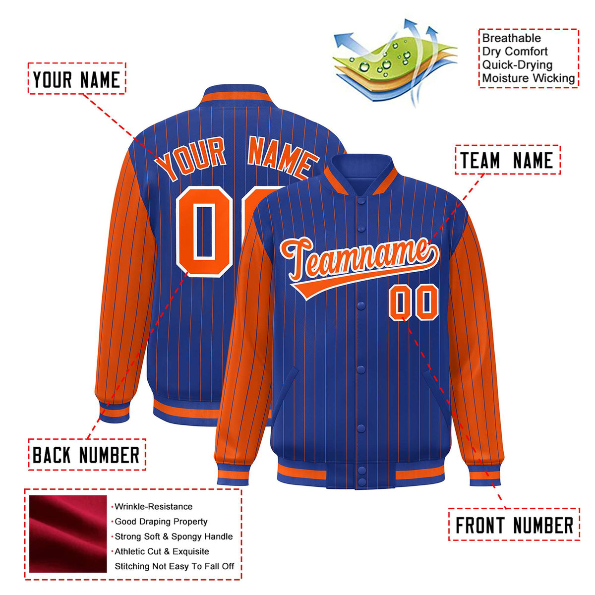 Custom Royal-Blue Orange Pinstripe White-Orange Bomber Full-Snap Varsity Letterman Jacket