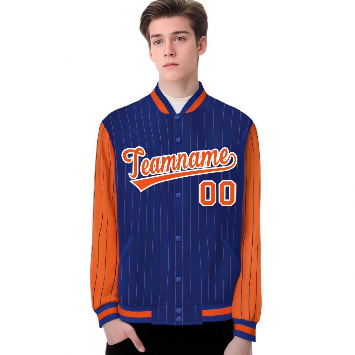 Custom Royal-Blue Orange Pinstripe White-Orange Bomber Full-Snap Varsity Letterman Jacket