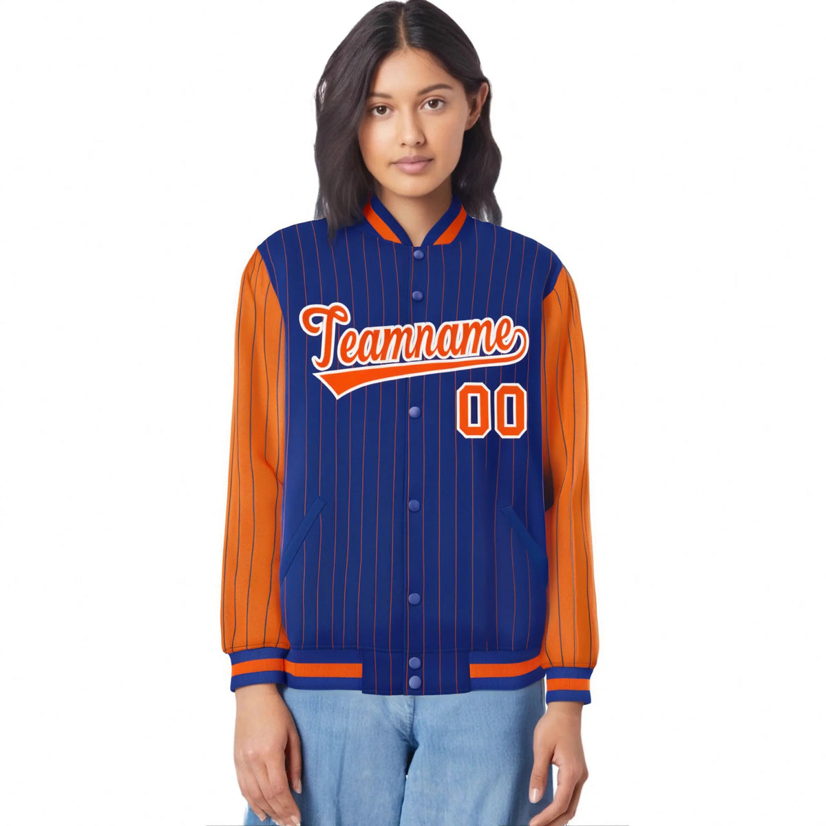 Custom Royal-Blue Orange Pinstripe White-Orange Bomber Full-Snap Varsity Letterman Jacket