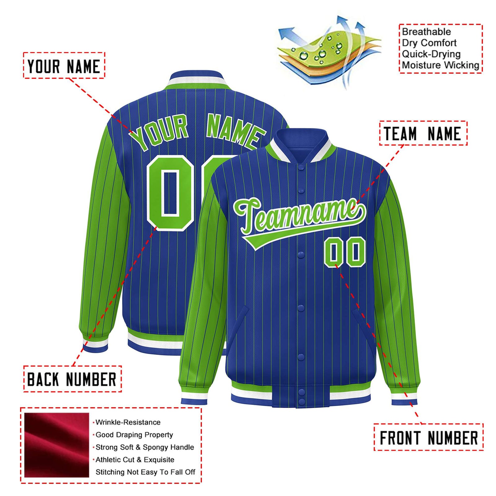 Custom Royal-Blue Neon-Green Pinstripe White Neon-Green Bomber Full-Snap Varsity Letterman Jacket