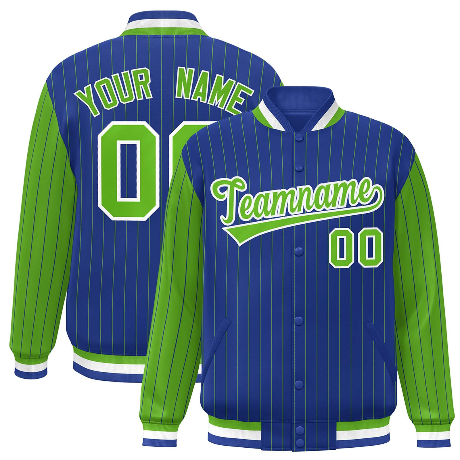 Custom Royal-Blue Neon-Green Pinstripe White Neon-Green Bomber Full-Snap Varsity Letterman Jacket