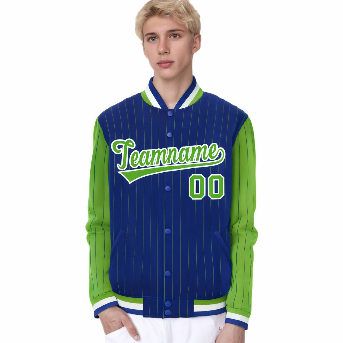 Custom Royal-Blue Neon-Green Pinstripe White Neon-Green Bomber Full-Snap Varsity Letterman Jacket