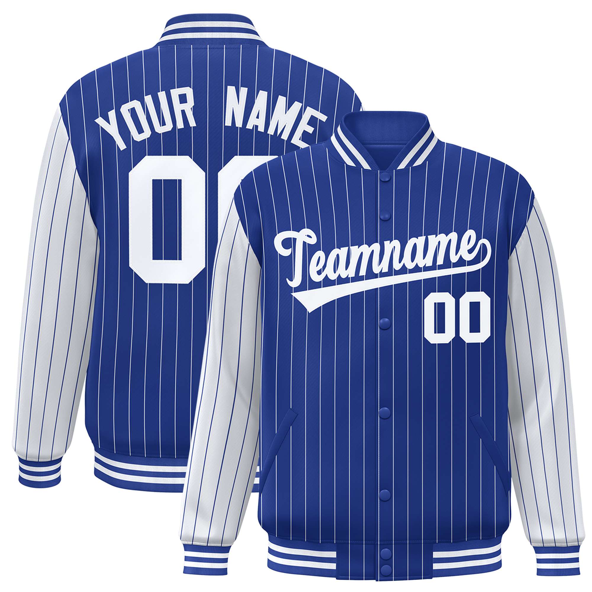 Custom Royal-Blue White Pinstripe White Bomber Full-Snap Varsity Letterman Jacket