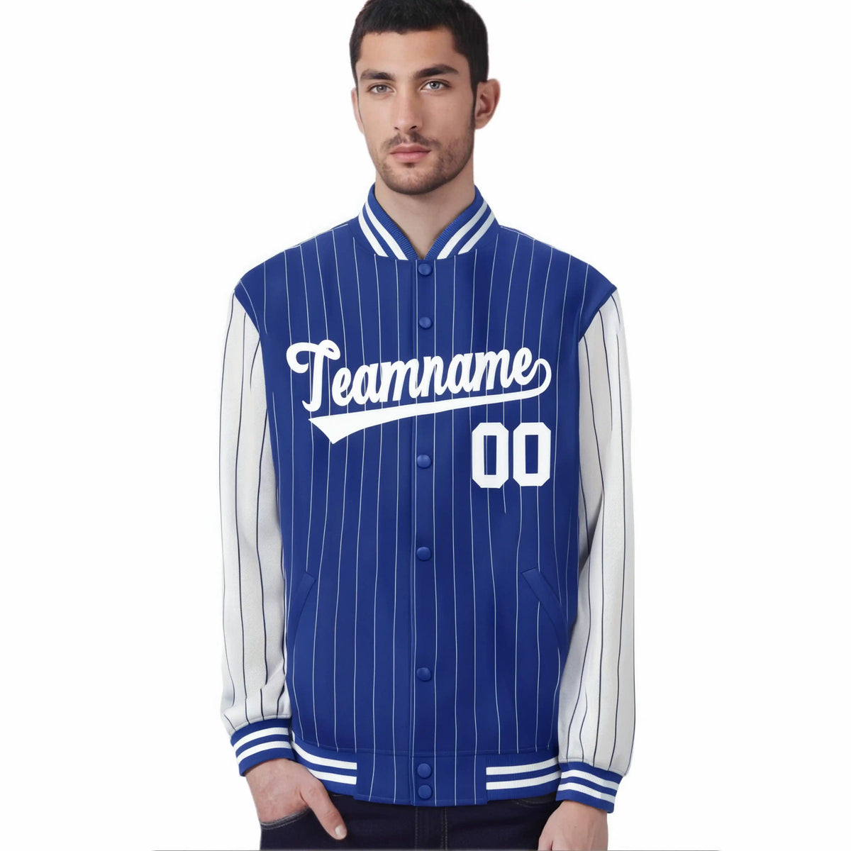 Custom Royal-Blue White Pinstripe White Bomber Full-Snap Varsity Letterman Jacket