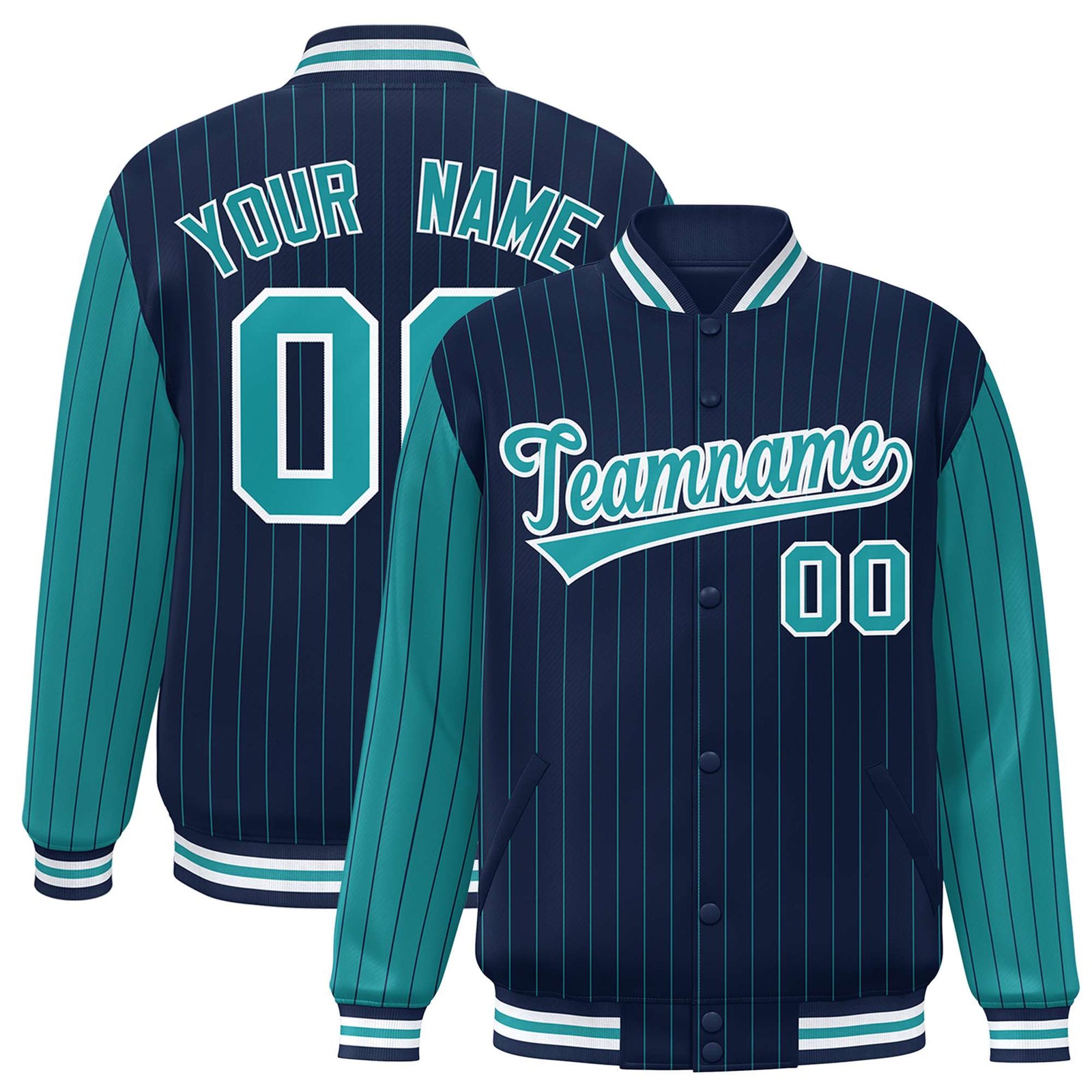 Custom Navy-Aqua Pinstripe White-Aqua Bomber Full-Snap Varsity Letterman Jacket