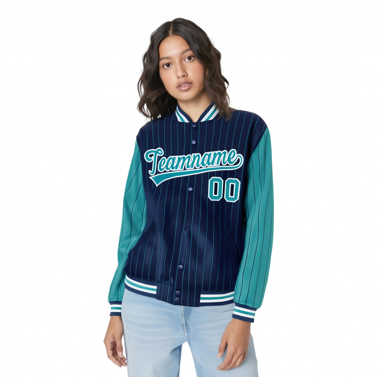 Custom Navy-Aqua Pinstripe White-Aqua Bomber Full-Snap Varsity Letterman Jacket