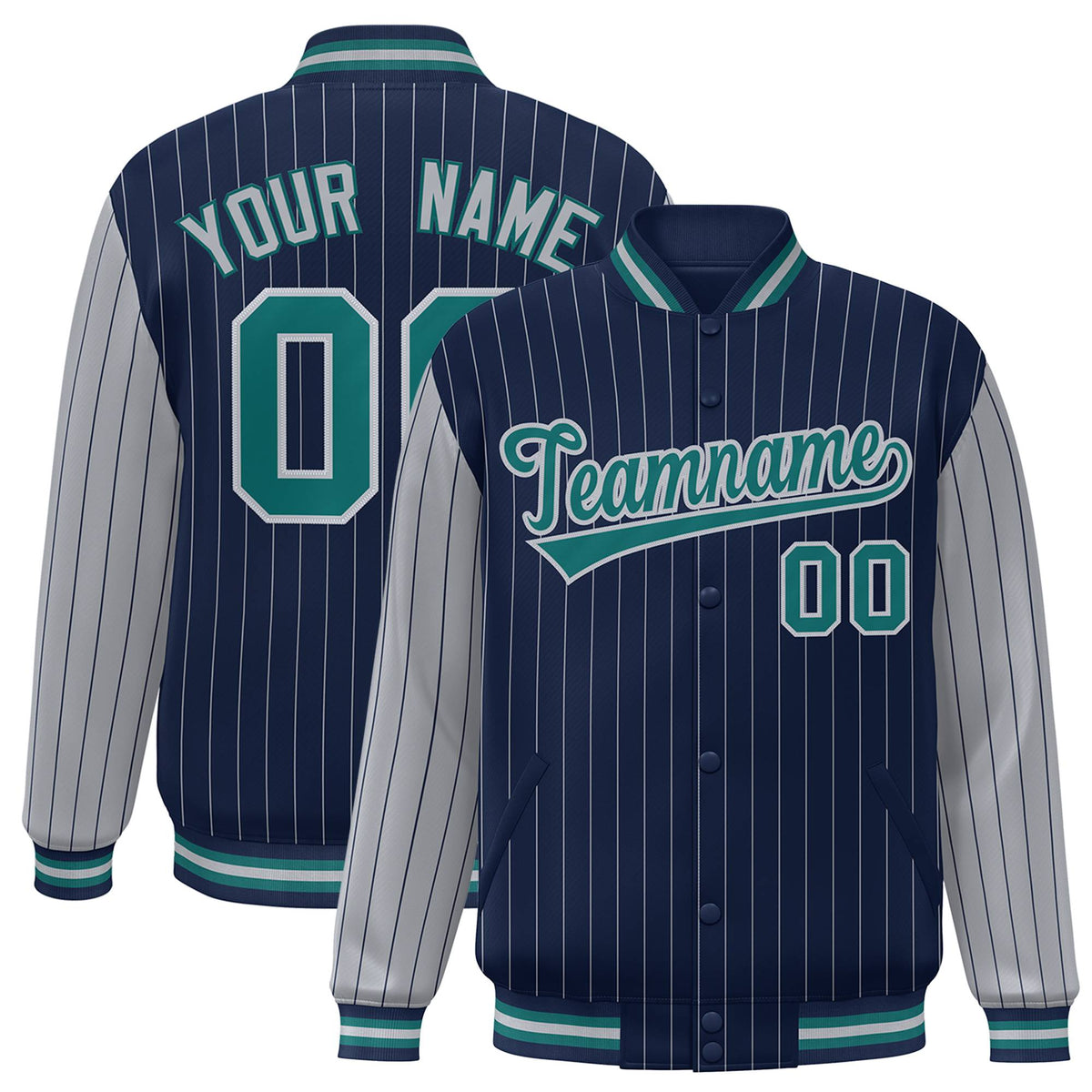 Custom Navy-Gray Pinstripe Gray-Aqua Bomber Full-Snap Varsity Letterman Jacket