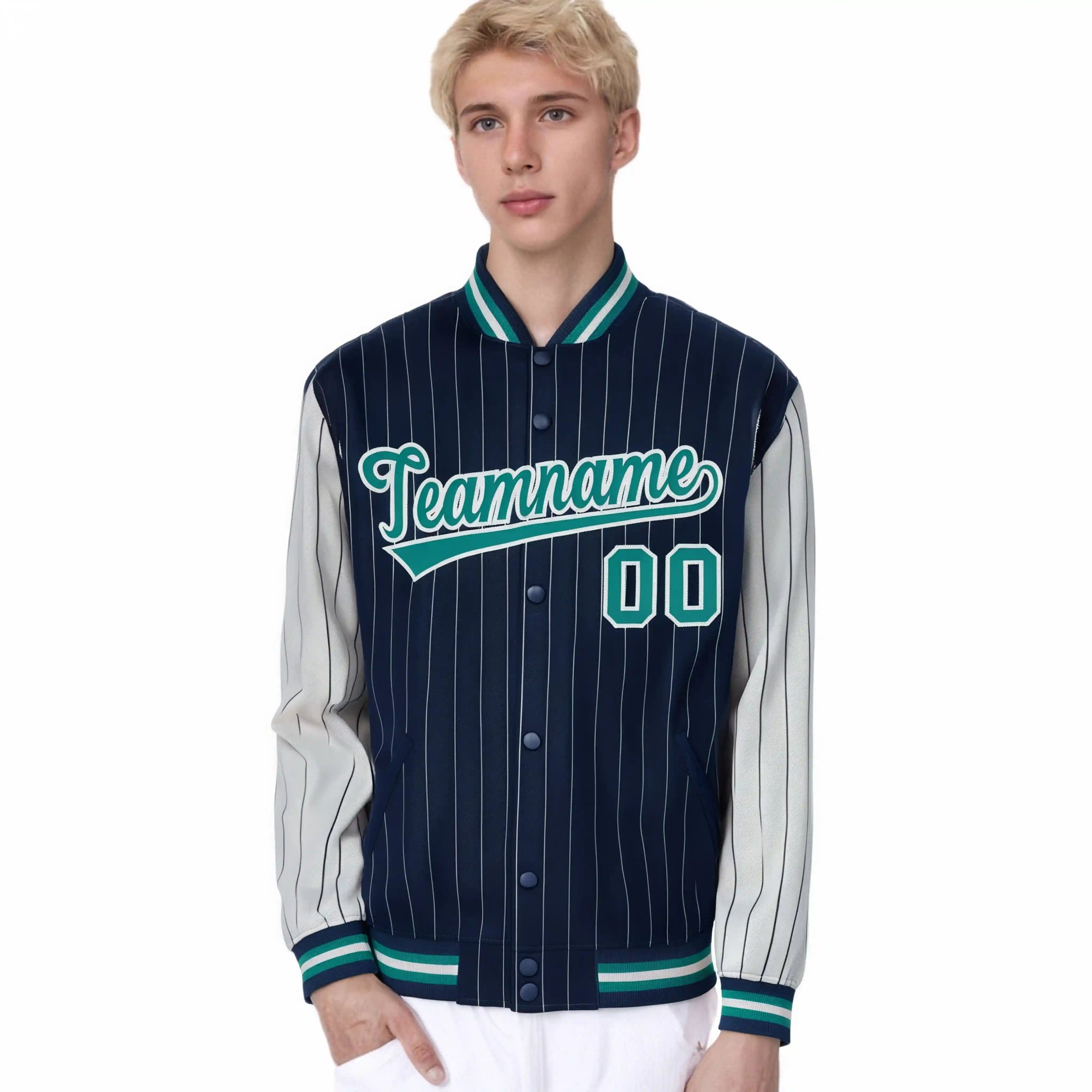 Custom Navy-Gray Pinstripe Gray-Aqua Bomber Full-Snap Varsity Letterman Jacket