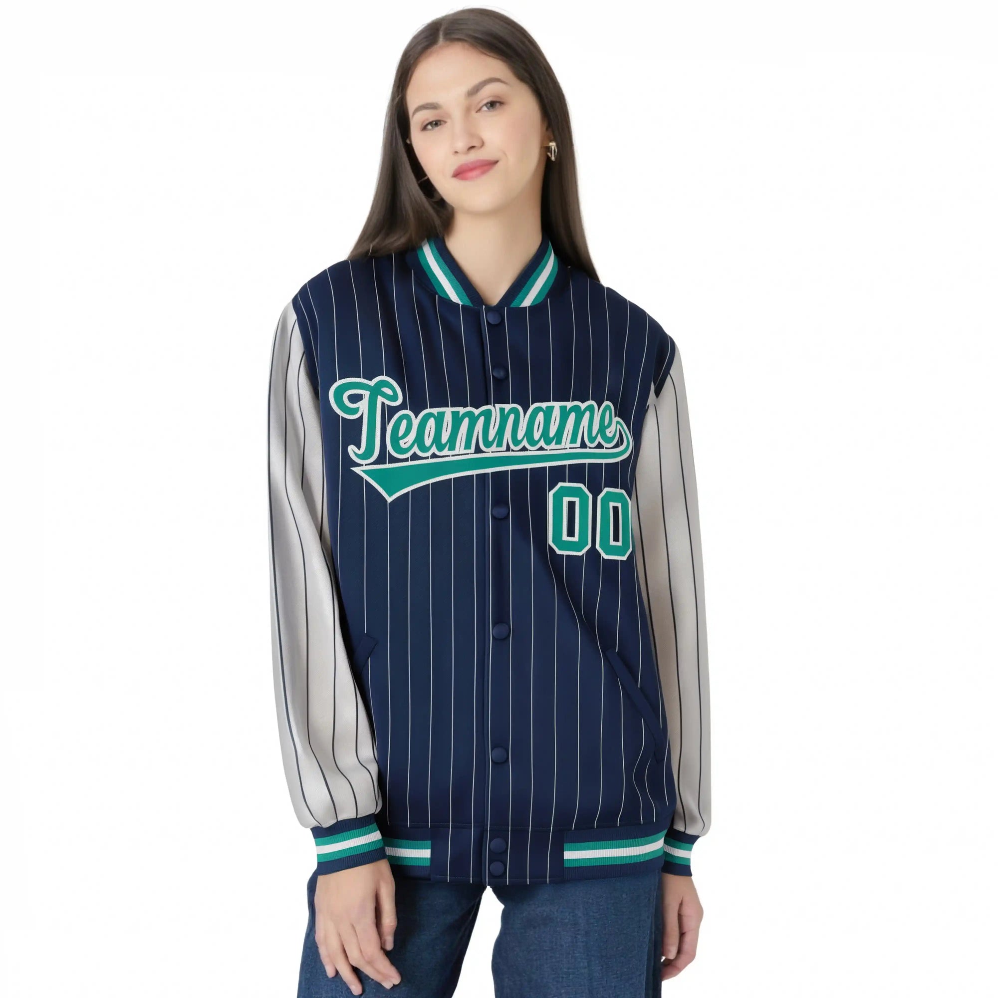 Custom Navy-Gray Pinstripe Gray-Aqua Bomber Full-Snap Varsity Letterman Jacket