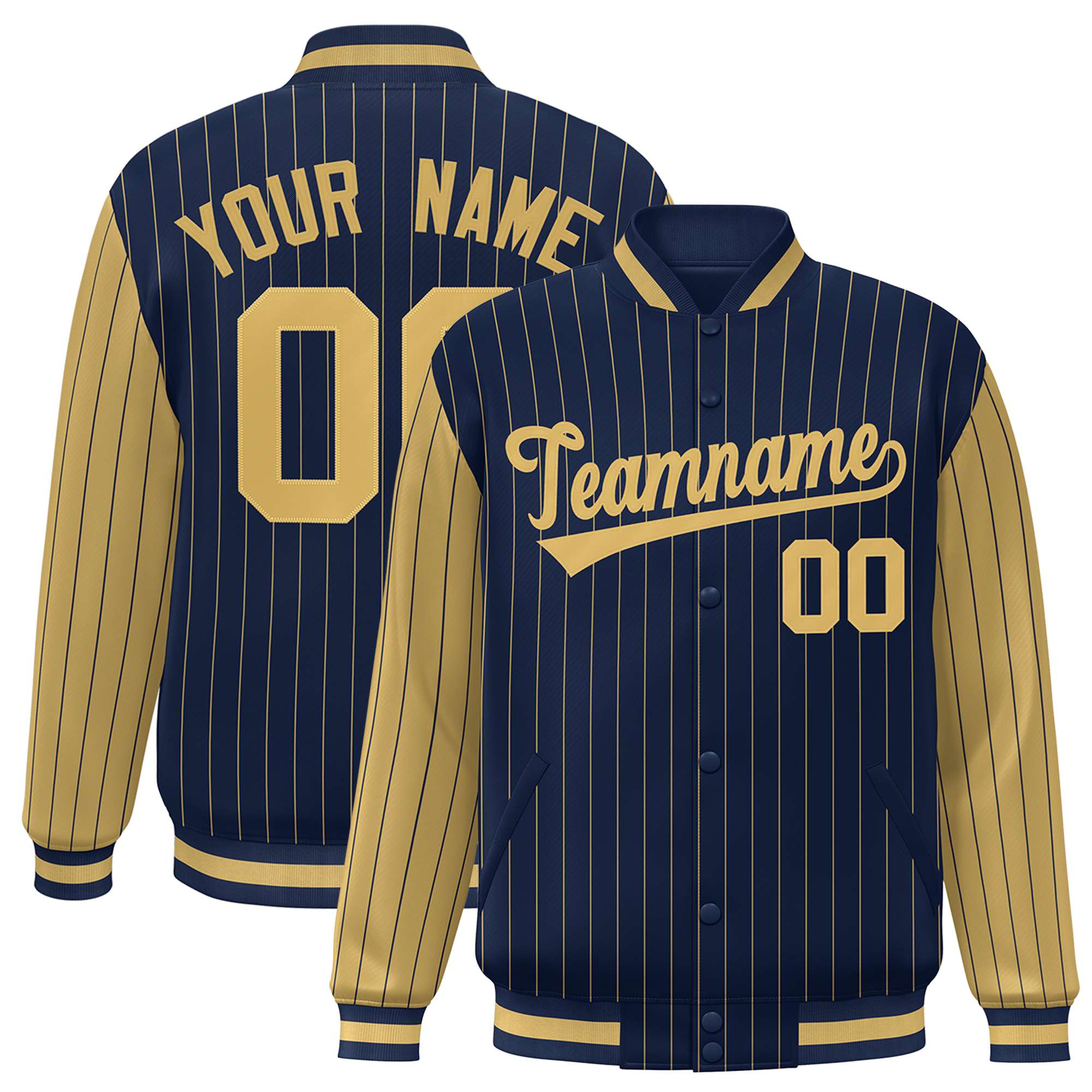 Custom Navy Old-Gold Pinstripe Old-Gold Bomber Full-Snap Varsity Letterman Jacket