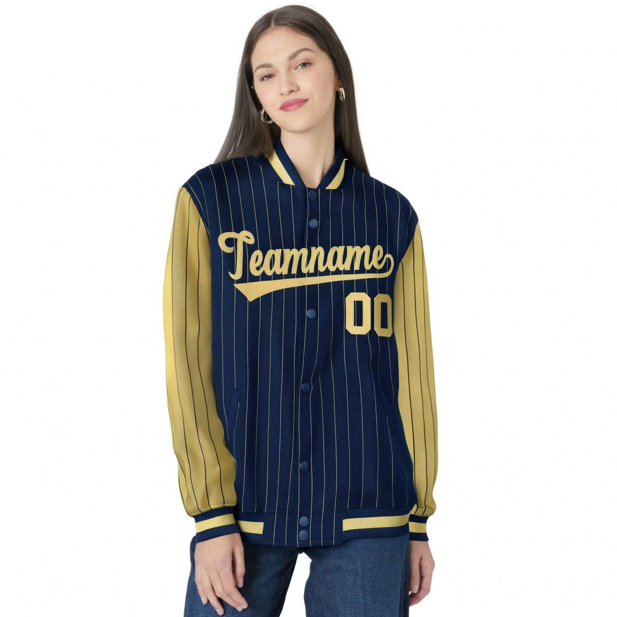 Custom Navy Old-Gold Pinstripe Old-Gold Bomber Full-Snap Varsity Letterman Jacket