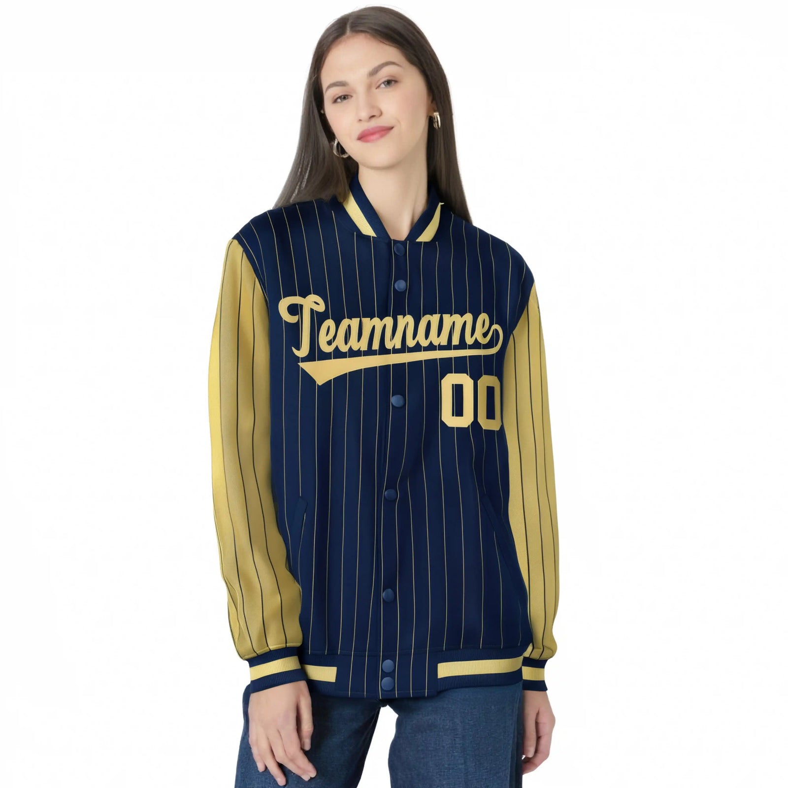 Custom Navy Old-Gold Pinstripe Old-Gold Bomber Full-Snap Varsity Letterman Jacket