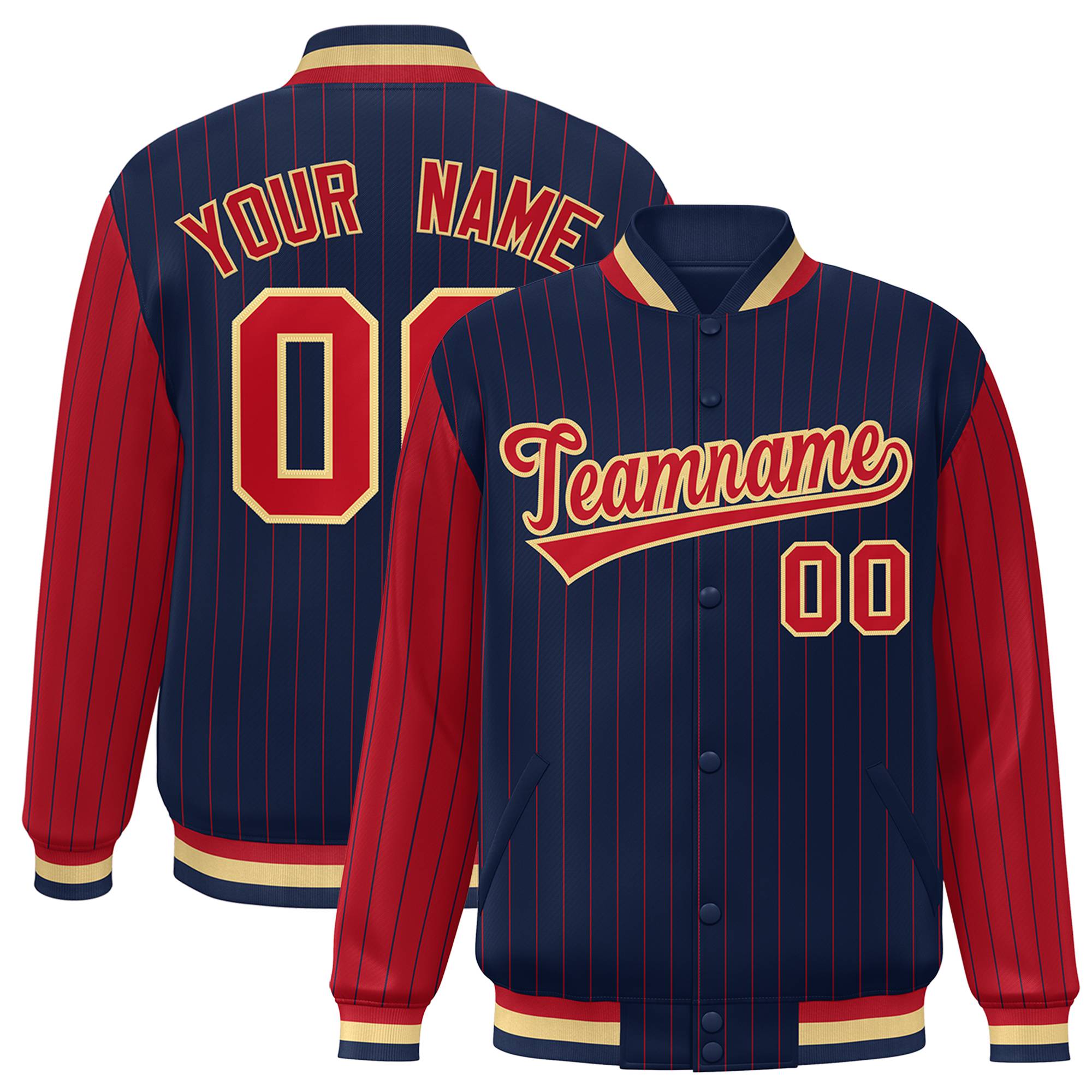 Custom Navy Red Pinstripe Old-Gold Red Bomber Full-Snap Varsity Letterman Jacket