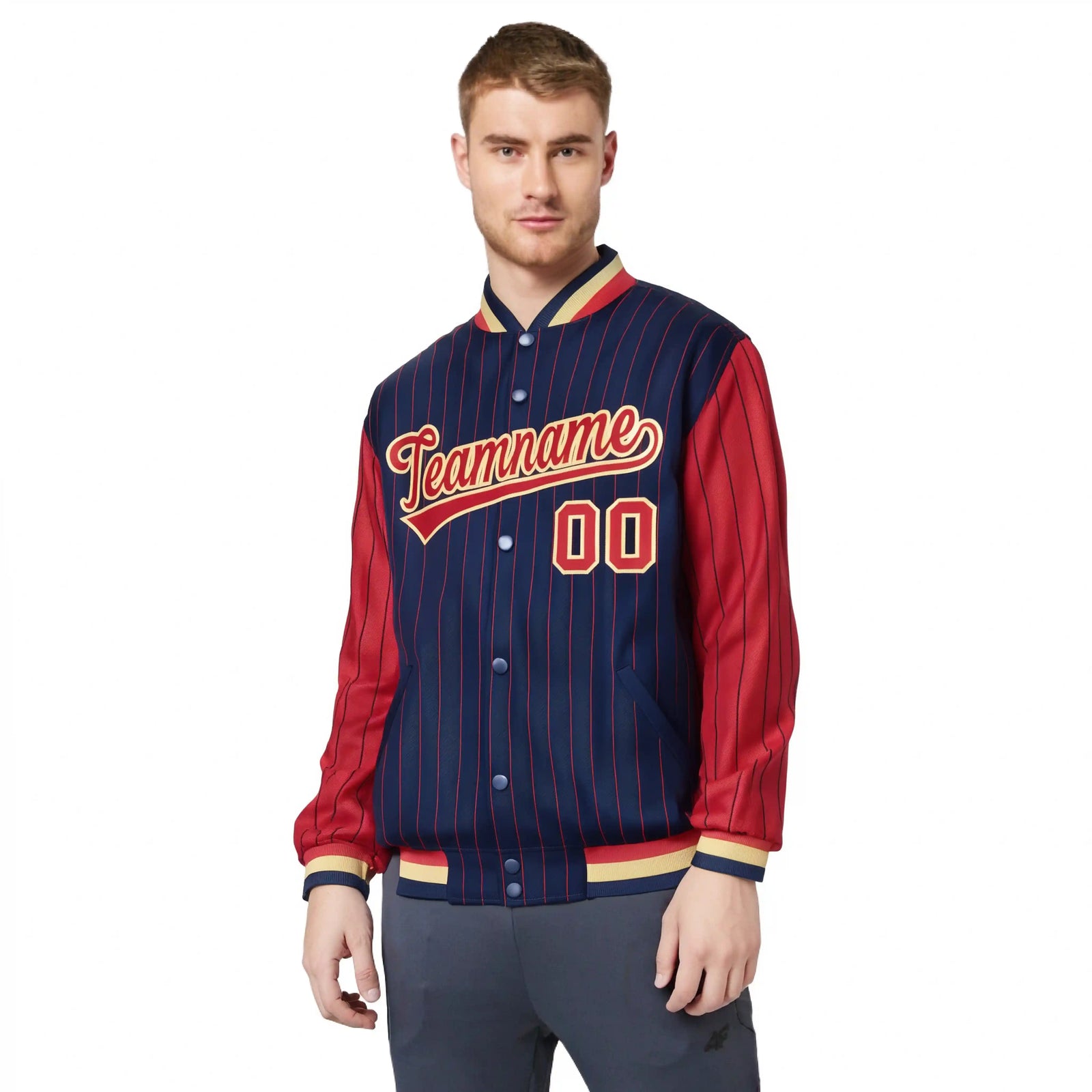 Custom Navy Red Pinstripe Old-Gold Red Bomber Full-Snap Varsity Letterman Jacket