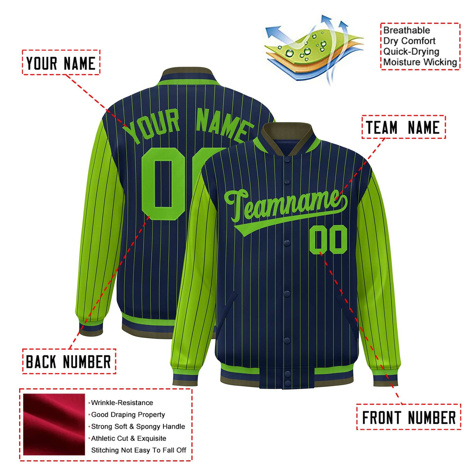 Custom Navy Neon-Green Pinstripe Neon-Green Bomber Full-Snap Varsity Letterman Jacket